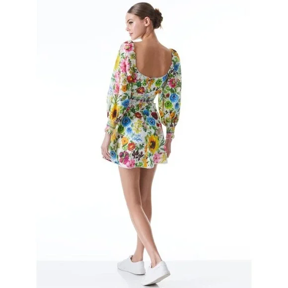 ALICE + OLIVIA Crawford Sweetheart Mini Dress Floral Puff Sleeves Lace Up Size 0